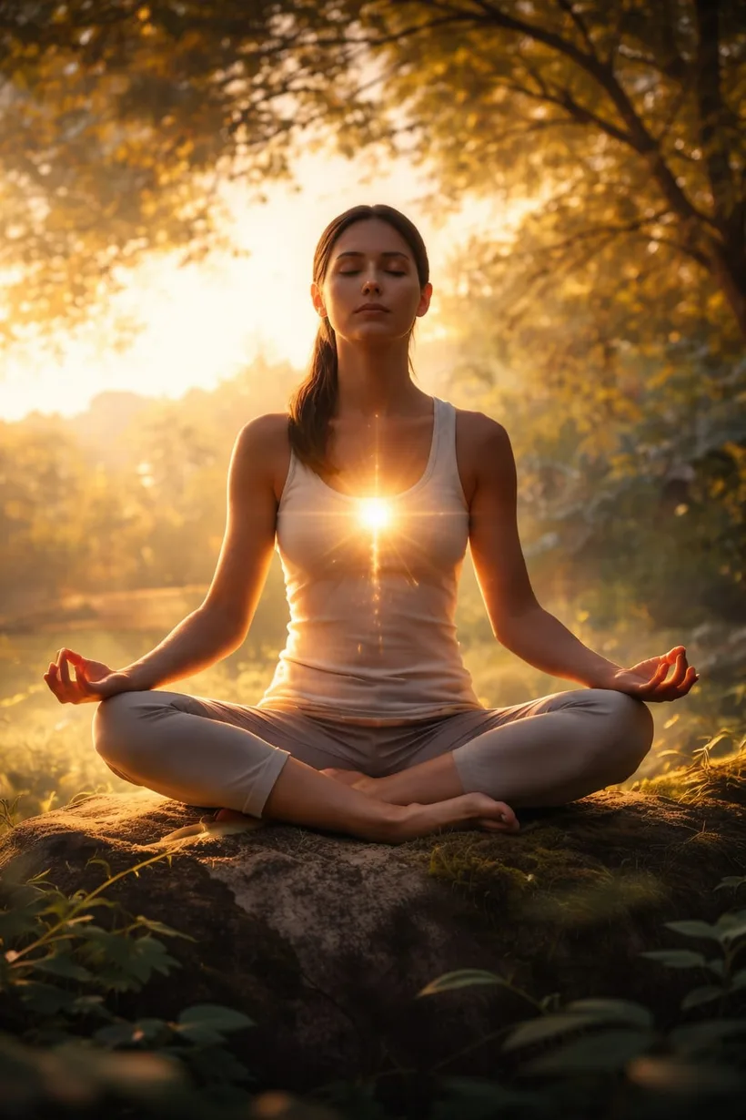 Femme en méditation, cœur rayonnant — Programme Je Suis